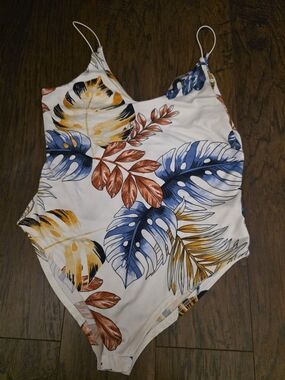 White Tropical Leaf Print Bodysuit with Blue, Yellow and Rust Accents